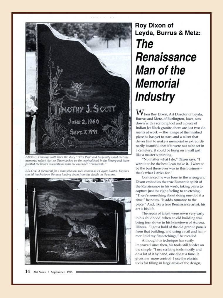 Roy Dixon Article Monument Builders Magazine 1995 page 1